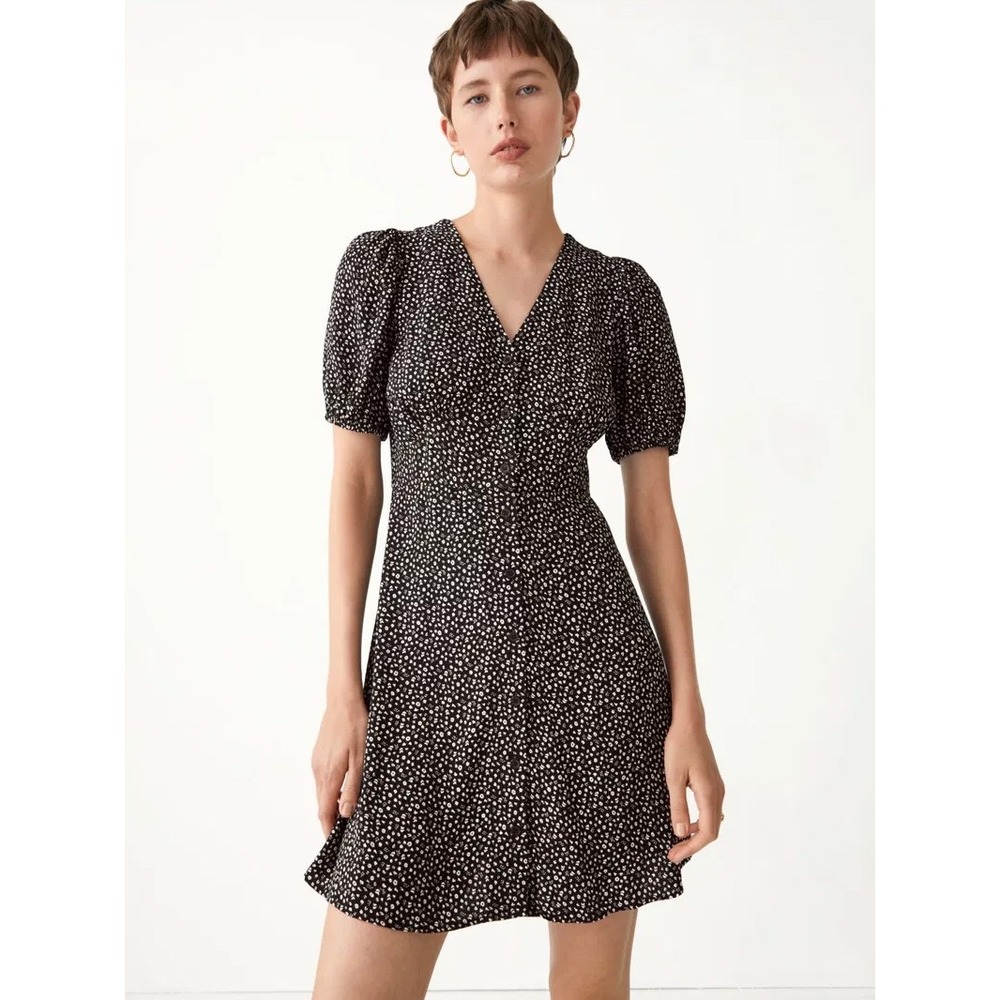 & Other Stories Cottagecore Paris Atelier Black Floral Button Front Mini Dress 0